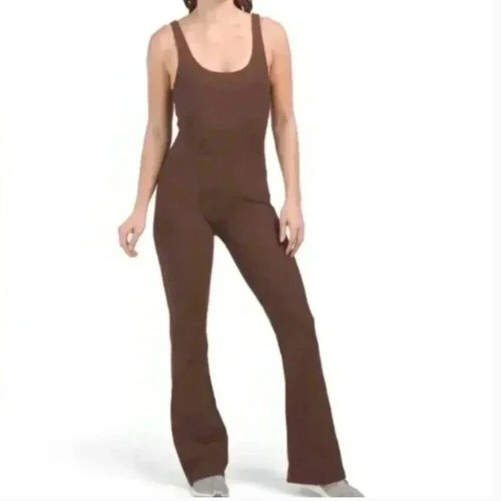WILO Brown Ribbed V-Neck Flare Unitard Jumpsuit XS Neutral Athleisure One Piece